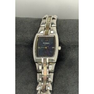 Fossil Watch Womens OS Silver Mother of Pearl Inlay ES-1440 Bracelet Y2K